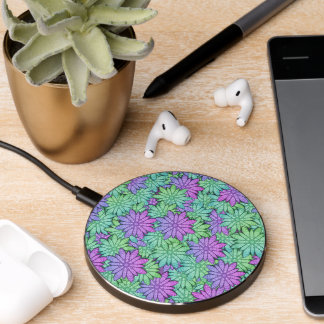 Fun Purple and Green Flowers Wireless Charger