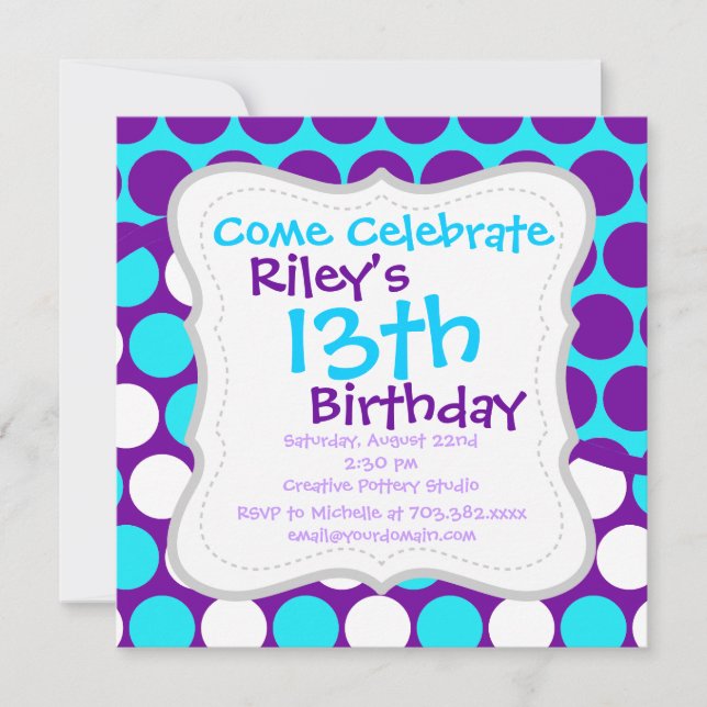 Fun Purple and Teal Polka Dot Wave Pattern Invitation (Front)