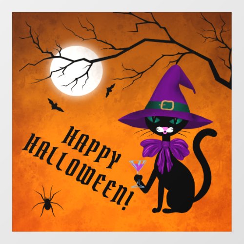 Fun Purple Black Cat Witch Hat Full Moon Halloween Window Cling