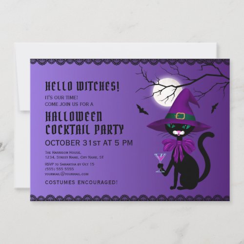 Fun Purple Black Cat Witch Hat Moon Halloween Invitation