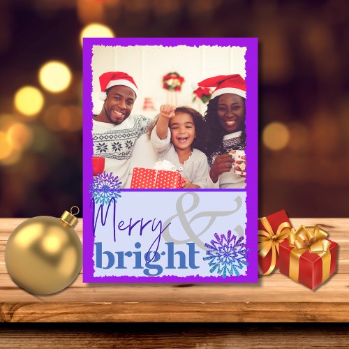 Fun Purple Blue Merry and Bright Snowflake Photo Holiday Card