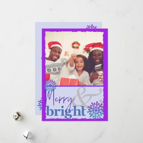 Fun Purple Blue Merry and Bright Snowflake Photo Holiday Card
