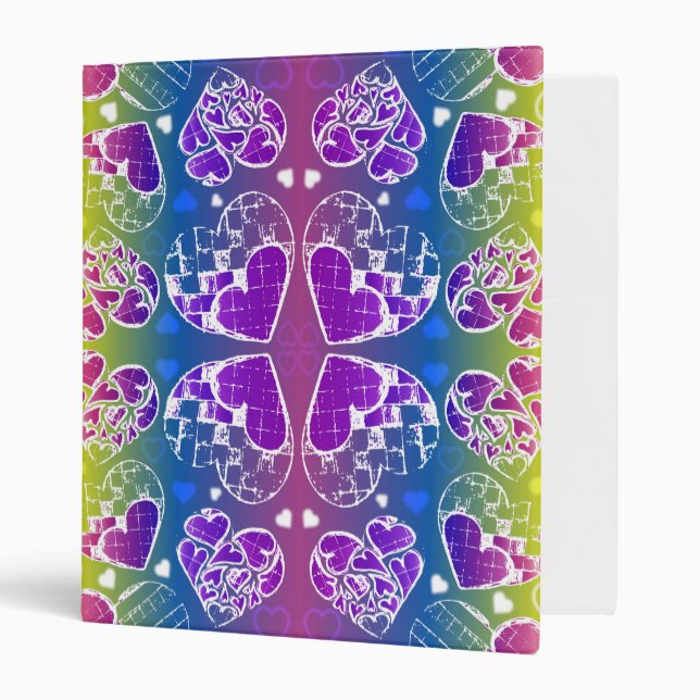 Fun Purple, blue, yellow Whimsical Hearts pattern Binder (Front/Inside)