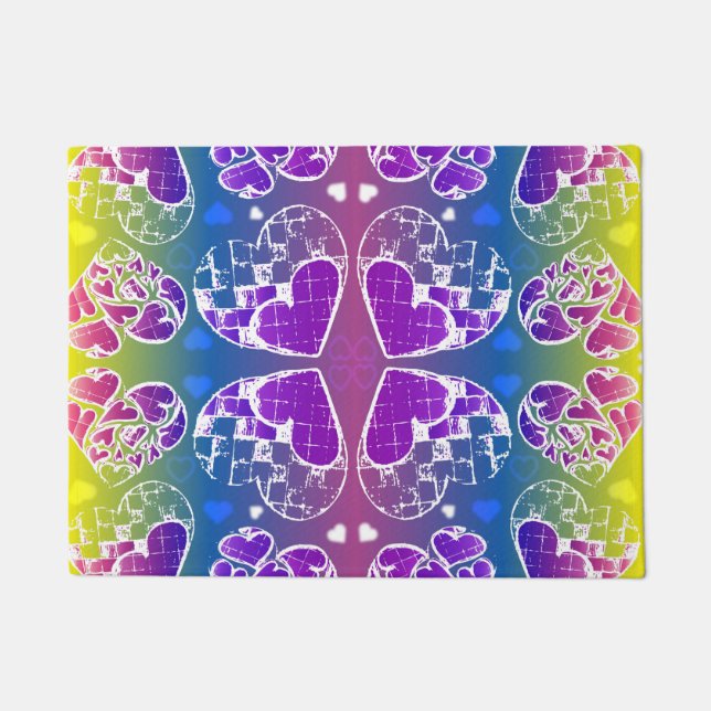 Fun Purple, blue, yellow Whimsical Hearts pattern Doormat (Front)