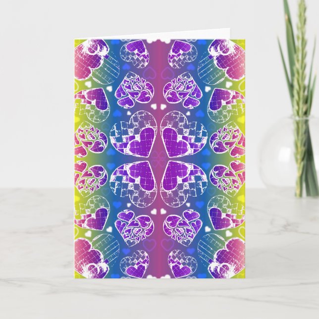 Fun Purple, blue, yellow Whimsical Hearts pattern Holiday Card (Front)