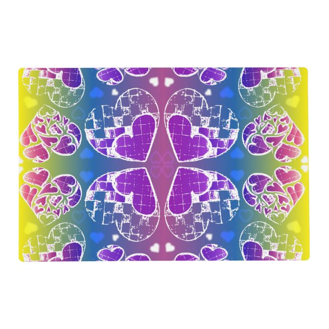 Fun Purple, blue, yellow Whimsical Hearts pattern Placemat (Front)