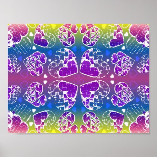 Fun Purple blue yellow Whimsical Hearts pattern Poster