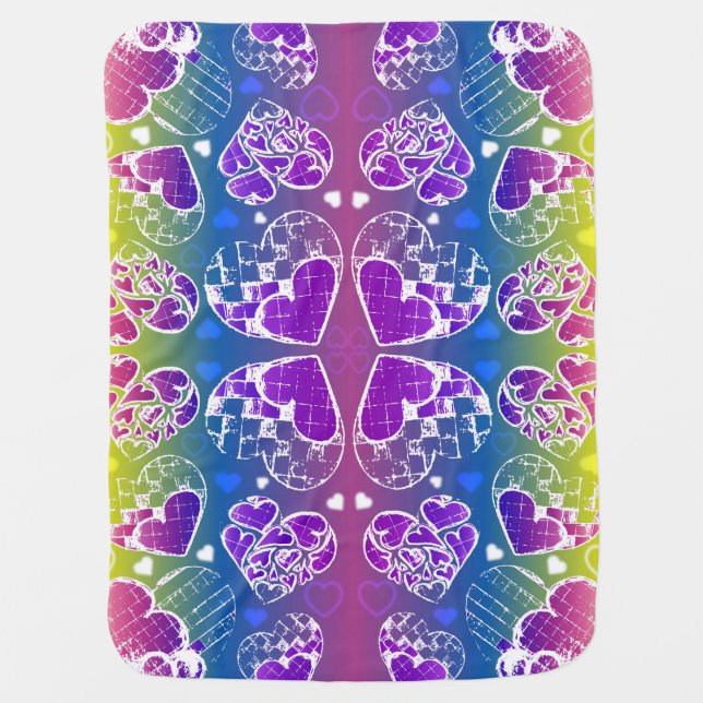 Fun Purple, blue, yellow Whimsical Hearts pattern Receiving Blanket (Front)