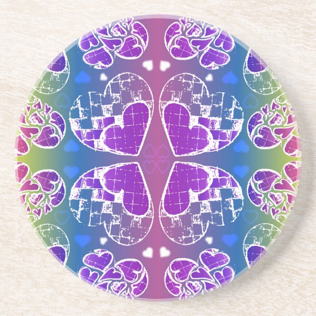 Fun Purple, blue, yellow Whimsical Hearts pattern Sandstone Coaster (Front)