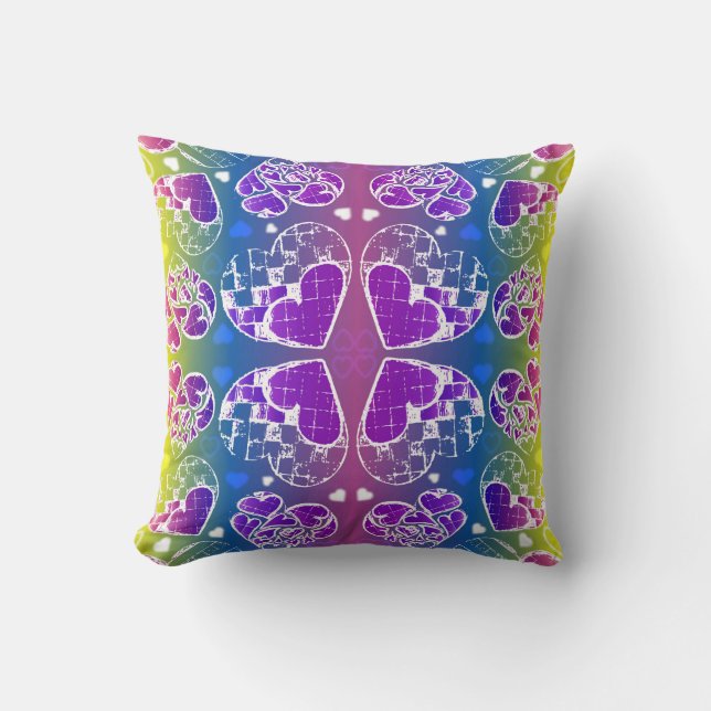 Fun Purple, blue, yellow Whimsical Hearts pattern Throw Pillow (Front)