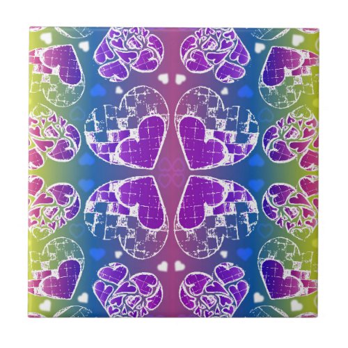 Fun Purple blue yellow Whimsical Hearts pattern Tile