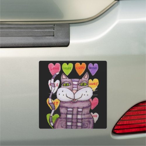 Fun Purple Cat Green Eyes Colorful Candy Hearts Ca Car Magnet