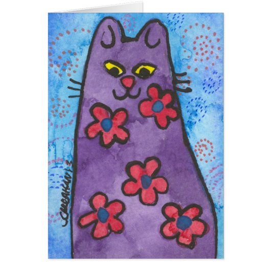 Fun Purple Flowered Cat Cards (Front)