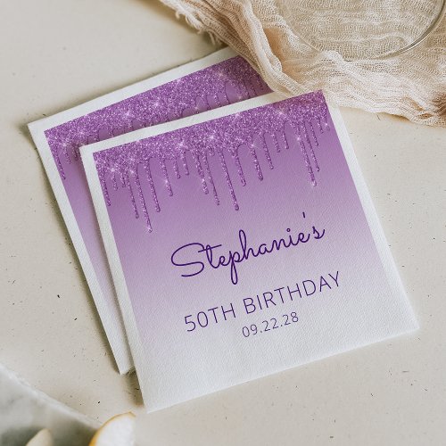 Fun Purple Glitter Drip 50th Birthday Party Napkins