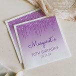 Fun Purple Glitter Drip 70th Birthday Party Napkins<br><div class="desc">These chic 70th birthday party paper napkins feature a sparkly purple faux glitter drip border and purple ombre background. Personalize them with the guest of honor's name in purple handwriting script,  with her birthday and date below in sans serif font.</div>