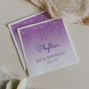Fun Purple Glitter Drip 80th Birthday Party Napkins