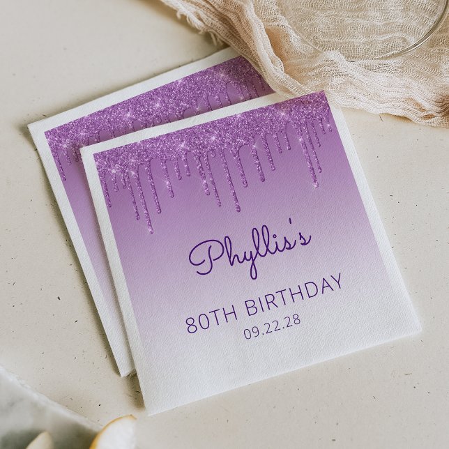 Fun Purple Glitter Drip 80th Birthday Party Napkins (Creator Uploaded)