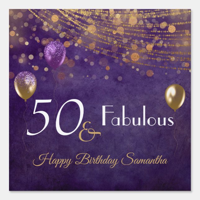 Fun Purple Gold Glam 50 and Fabulous Birthday Sign (Front)