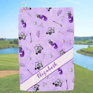 Fun purple golf cart and gear personalized name towel