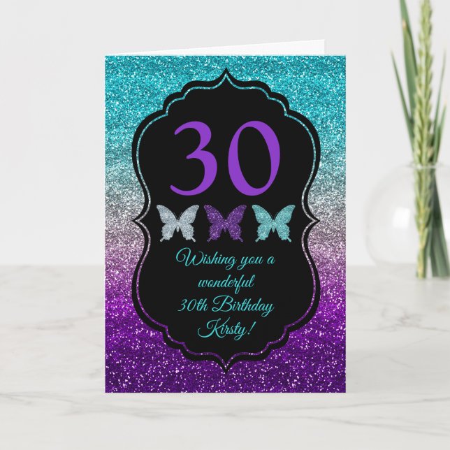 Fun Purple Gray Blue Glitter Sparkle Birthday Card (Front)