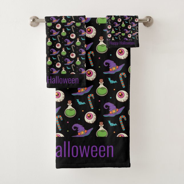 Fun Purple Halloween, Green Magic Witchy Bottle Bath Towel Set (Insitu)