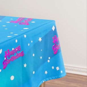Fun Purple Happy Birthday Graphic on Blue Tablecloth