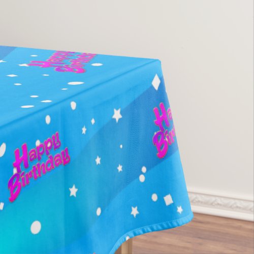 Fun Purple Happy Birthday Graphic on Blue Tablecloth