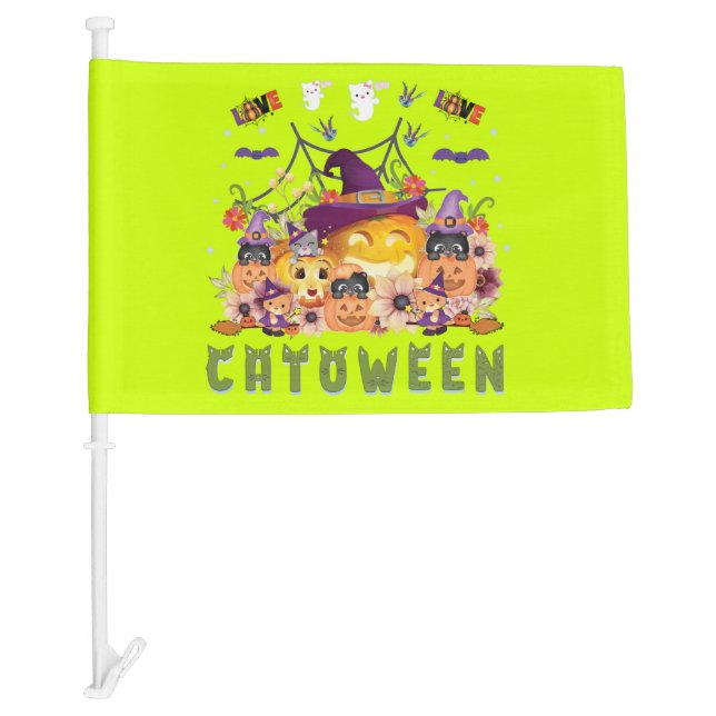 Fun Purple Hat Catoween, Cute Orange Pumpkin Car Flag (Front)
