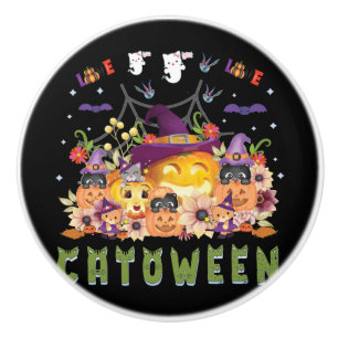 Fun Purple Hat Catoween, Cute Orange Pumpkin Ceramic Knob