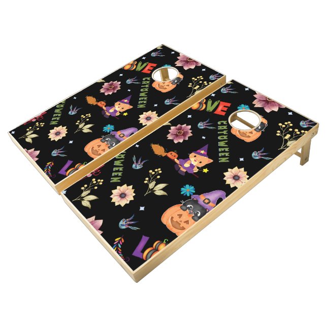 Fun Purple Hat Catoween, Cute Orange Pumpkin Cornhole Set (Angled)