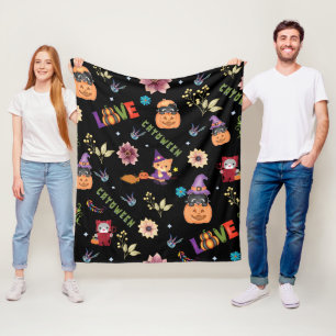 Fun Purple Hat Catoween, Cute Orange Pumpkin Fleece Blanket