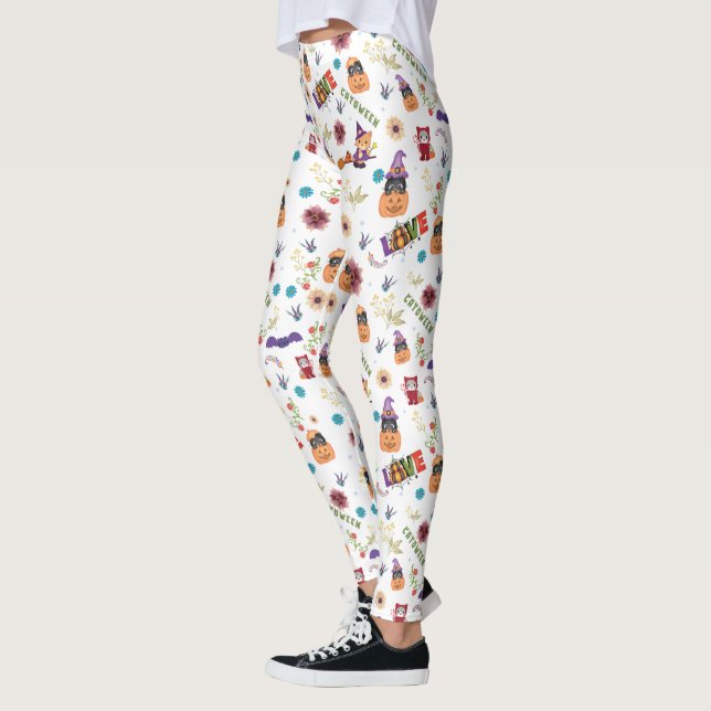 Fun Purple Hat Catoween, Cute Orange Pumpkin Leggings (Left)