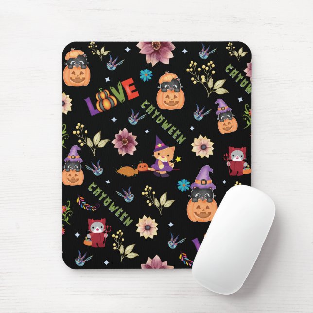 Fun Purple Hat Catoween, Cute Orange Pumpkin Mouse Pad (With Mouse)