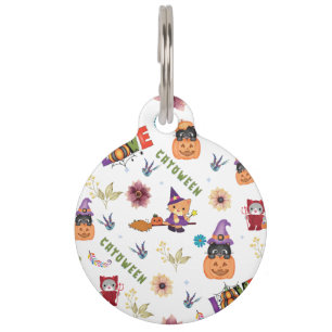 Fun Purple Hat Catoween, Cute Orange Pumpkin Pet ID Tag