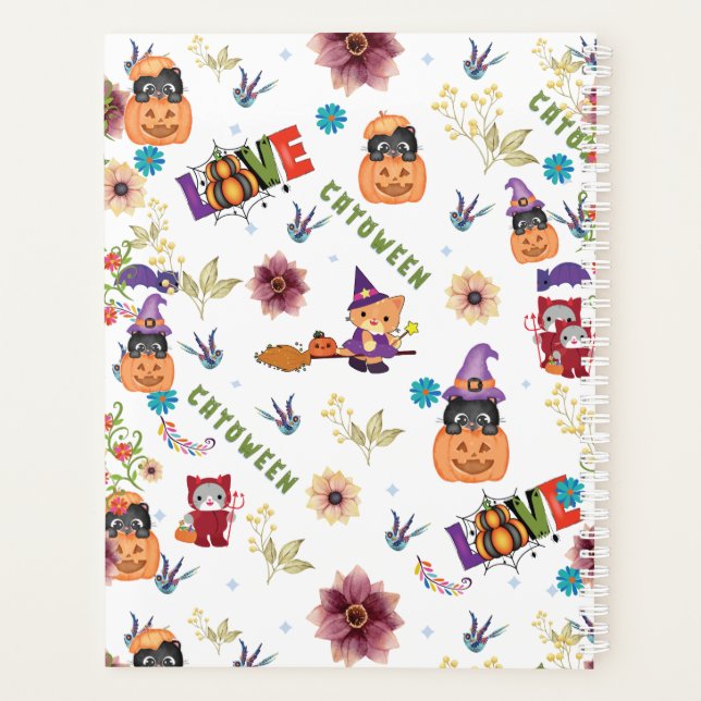 Fun Purple Hat Catoween, Cute Orange Pumpkin Planner (Back)
