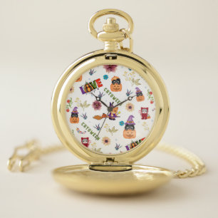Fun Purple Hat Catoween, Cute Orange Pumpkin Pocket Watch
