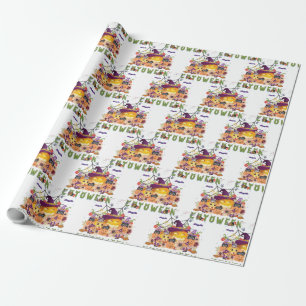 Fun Purple Hat Catoween, Cute Orange Pumpkin Wrapping Paper