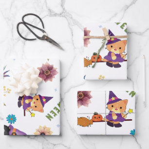 Fun Purple Hat Catoween, Cute Orange Pumpkin Wrapping Paper Sheets