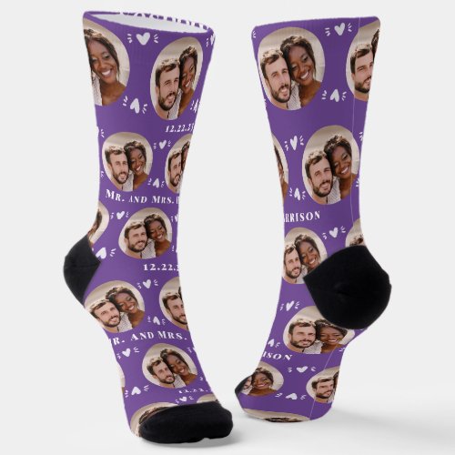 Fun Purple Newlyweds Photo Pattern Socks