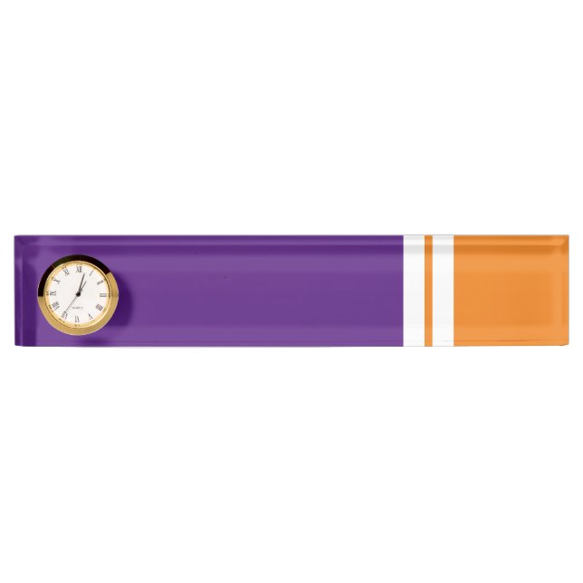 Fun Purple Orange Twin White Racing Stripes Clock Desk Name Plate (Front)