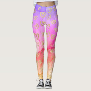Fun Purple Pink Yellow Faux Foil Gold Hearts Leggings