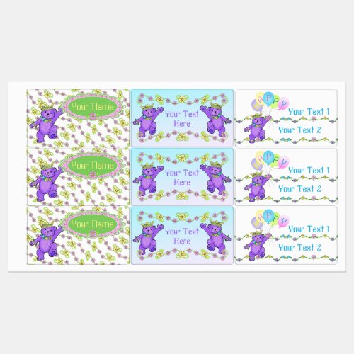 Fun Purple Princess Teddy Bear and Daisys Kids Labels