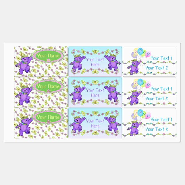 Fun Purple Princess Teddy Bear and Daisys Kids' Labels (Sheet)