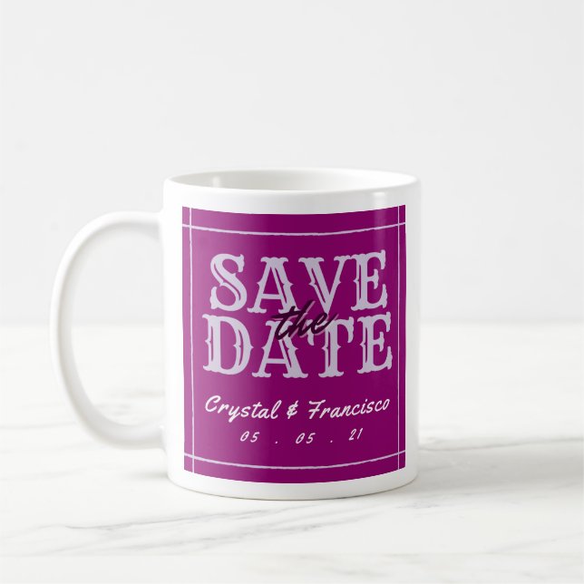 Fun Purple Save The Date Coffee Mug (Left)