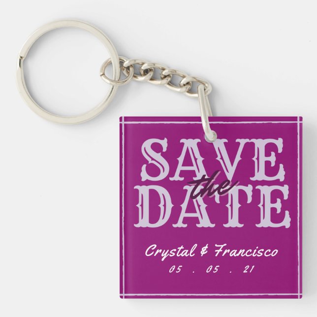 Fun Purple Save The Date Keychain (Front)