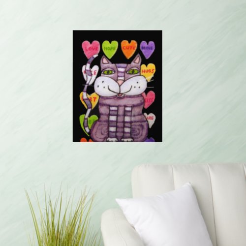 Fun Purple Striped Cat Wall Colorful Candy Hearts Wall Decal