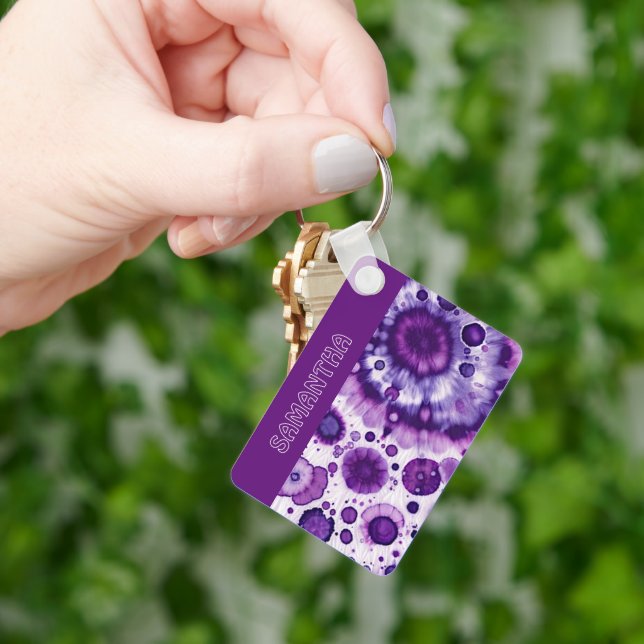 Fun Purple Violet Pink Batik Circles Art Pattern Keychain (Hand)