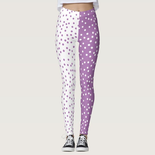 Fun Purple & White Polka Dots Color Block Leggings (Front)