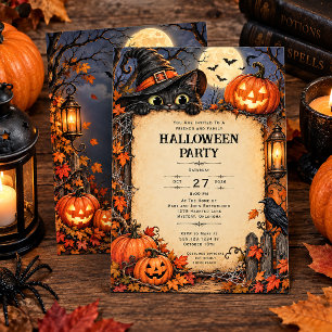 Fun Quirky Black Cat Pumpkins Halloween Party Invitation