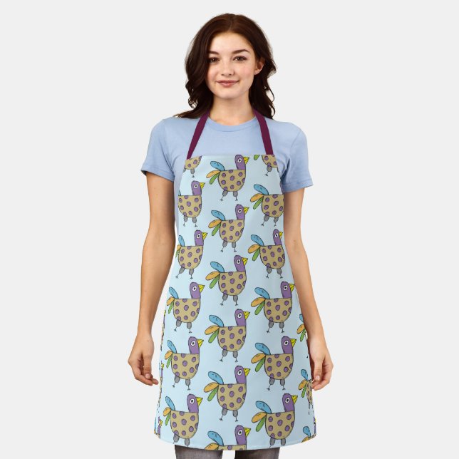Fun Quirky Hen Chicken Doodle Pattern Blue  Apron (Worn)
